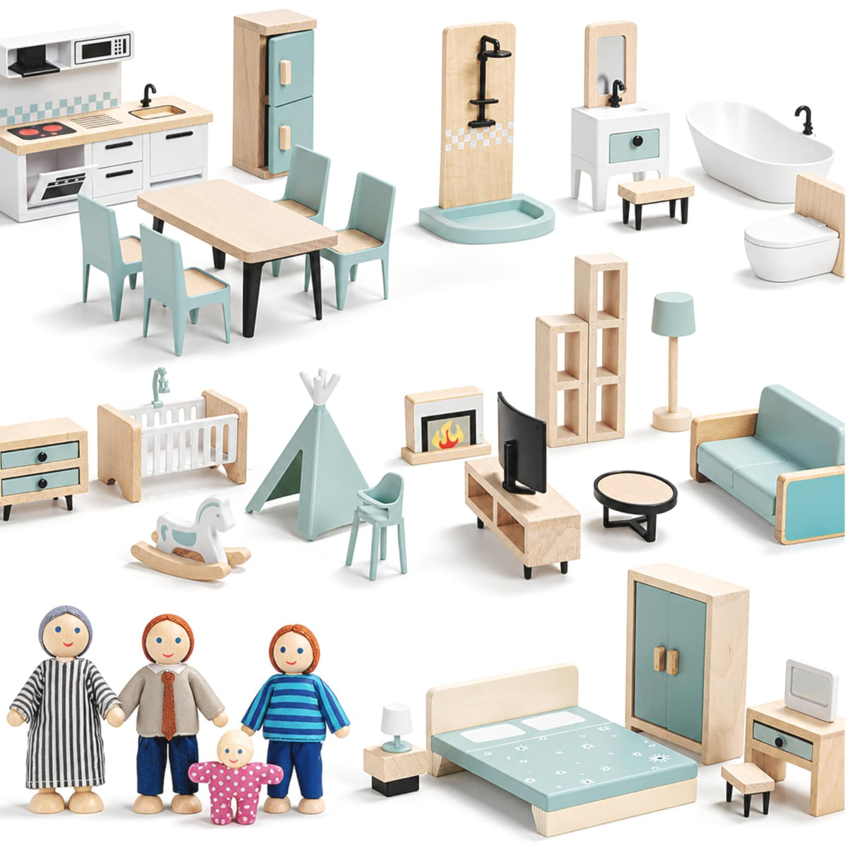 36-Piece Wooden Dollhouse Set
